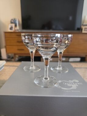 1930s Philco Radio Vintage Striped Coupe Glasses - Set of 3 (Clear/Silver/Black)